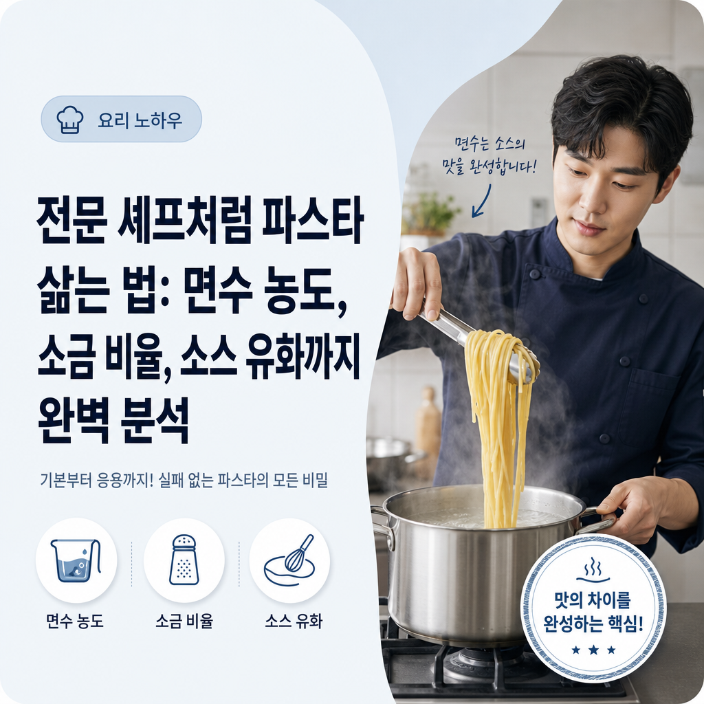 전문 셰프처럼 파스타 삶는 법: 면수 농도, 소금 비율, 소스 유화까지 완벽 분석