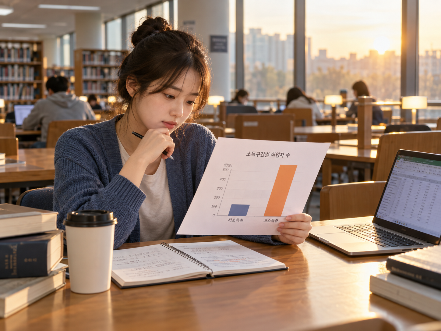 도서관에서 소득 분위별 취업률 그래프를 살펴보는 청년